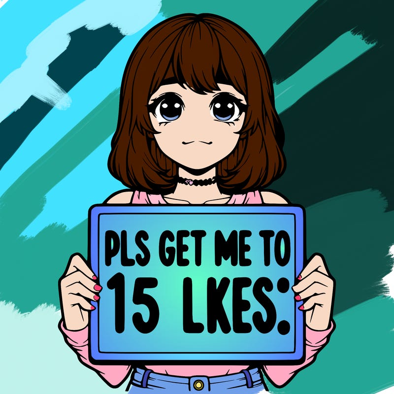 realistic girl holding up a sign that says “pls get me to 15 likes!”