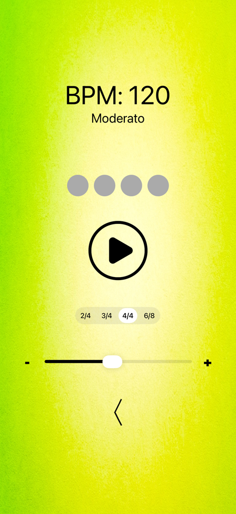 Recurso de metrônomo no aplicativo Afinador de Ukulele e Acordes mostrando tempo moderato de 120 BPM