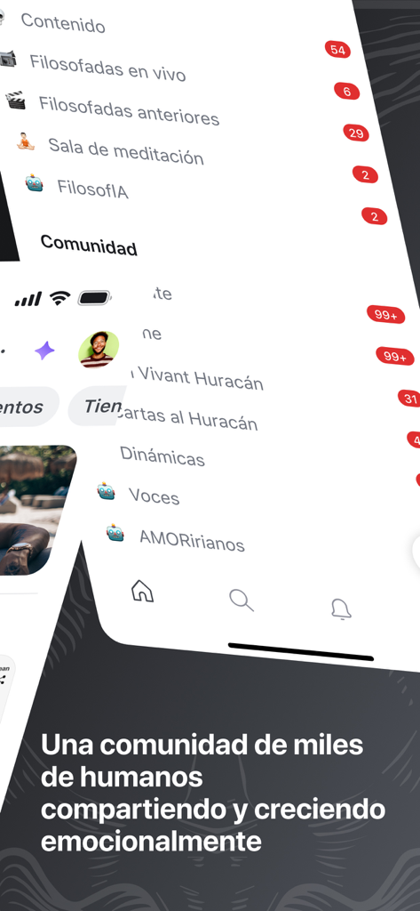 Menu of the Te Vas AMORir app featuring personal growth and community sections