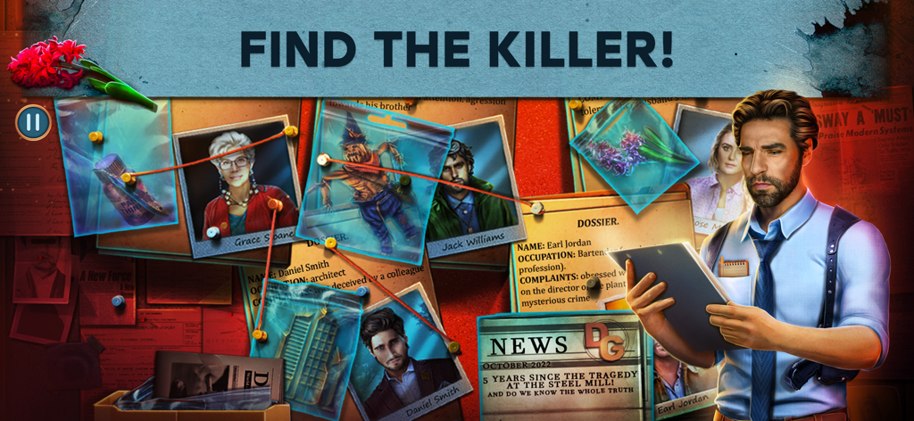 Unsolved Case: Hyacinth F2P - Tablero de investigación con fotos de sospechosos y evidencia conectada por hilos rojos en un juego de detectives de objetos ocultos.