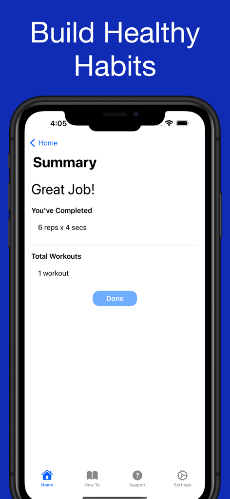 Summary screen of the Kratos Kegel Workout app showing completed reps and exercise stats