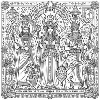 Dive into the rich tapestry of ancient mythology with this captivating coloring page featuring powerful Mesopotamian deities like Marduk, Ishtar, and Enlil. Designed with intricate details perfect for teen colorists, it offers a fascinating artistic and educational experience.