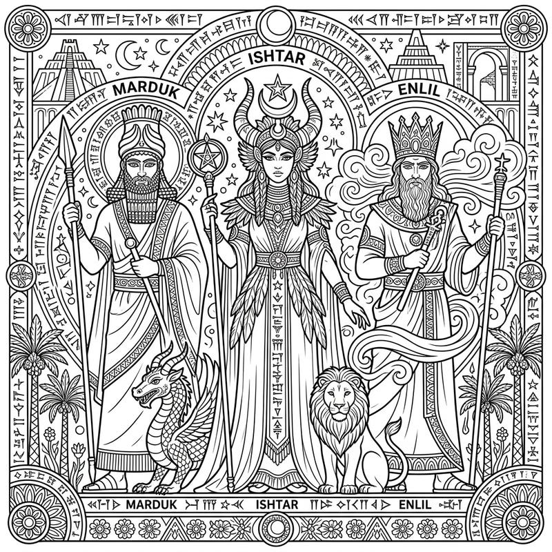 Dive into the rich tapestry of ancient mythology with this captivating coloring page featuring powerful Mesopotamian deities like Marduk, Ishtar, and Enlil. Designed with intricate details perfect for teen colorists, it offers a fascinating artistic and educational experience.