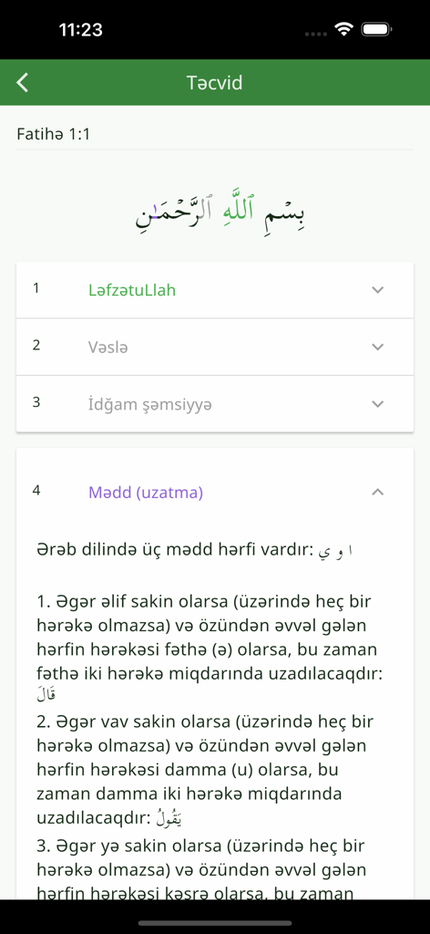 Tanzil (Quran with Tajweed) - Tanzil app interface showing Tajweed rules and explanations in Azerbaijani for Quranic verses.