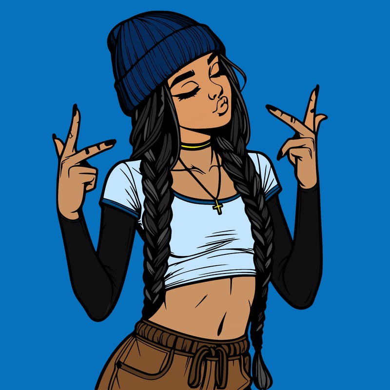 realistic teenage girl with braids and a beanie and crop top doing 🫶🏼