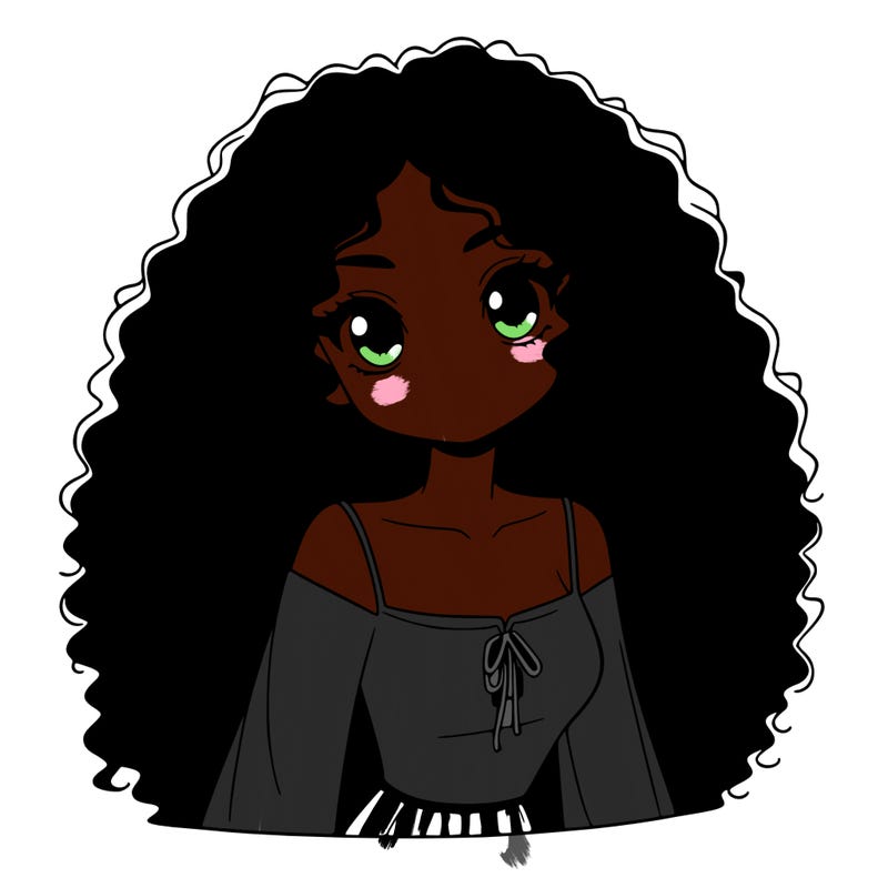 a black anime girl with long afro hair