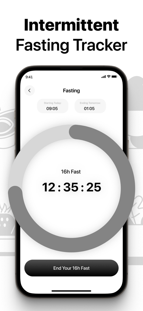 Diet AI - Calorie Counter - A mobile app screen showing an intermittent fasting tracker with a circular timer for a sixteen hour fast.