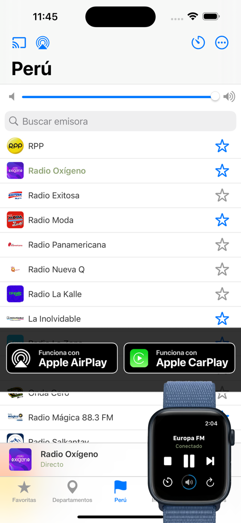 Radio Perú: Emisoras Peruanas - Interface of the Radio Peru app on iPhone featuring a list of Peruvian radio stations and compatibility with Apple CarPlay and Apple Watch.