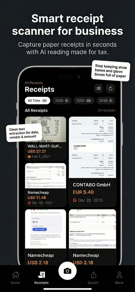 ReceiptFlow: AI Receipt Scan - Mobile interface of ReceiptFlow app showing scanned business receipts organized by date and vendor