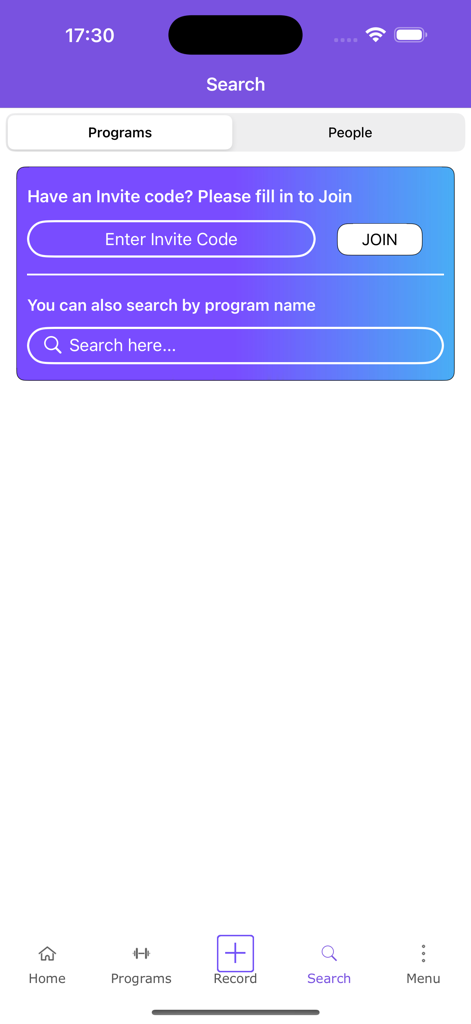 Campus.Life - Suchbildschirm der Campus Life App mit einem Feld zur Eingabe eines Einladungscodes und einer Suchleiste zum Finden von Campus-Programmen.