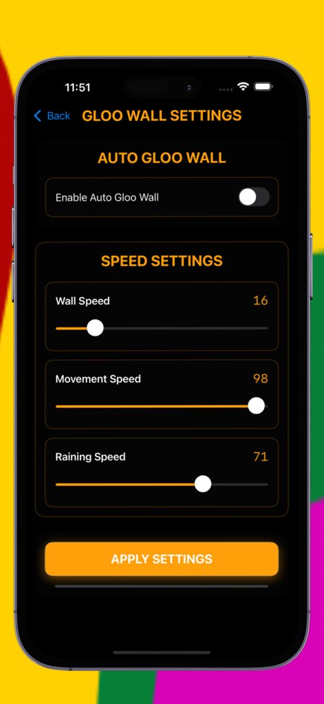 Regedit ffh4x vip mod menu - Mobile app interface for Gloo Wall settings featuring speed sliders and movement optimization toggles