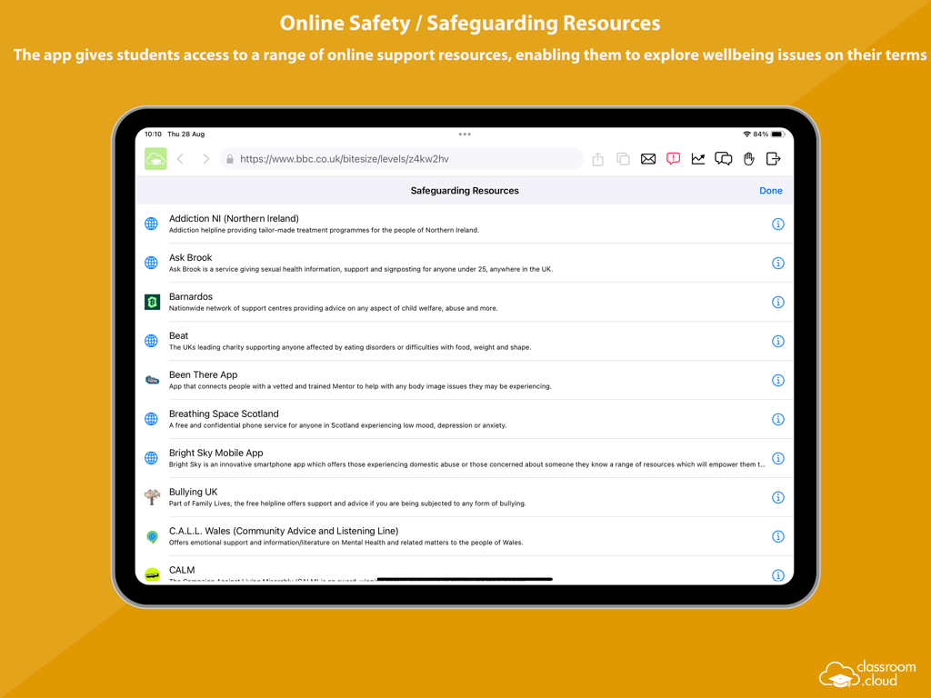 classroom.cloud Student - A list of online safety and safeguarding resources for students in the classroom cloud app on an iPad.