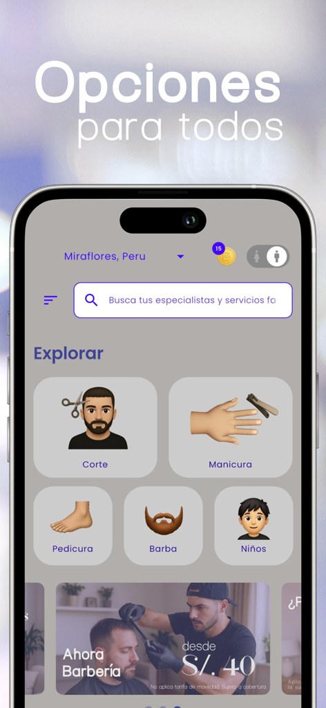 Belity - Belleza a domicilio - Interface d'application mobile de Belity montrant des catégories de services beauté comme les coupes de cheveux, les manucures et la taille de barbe.