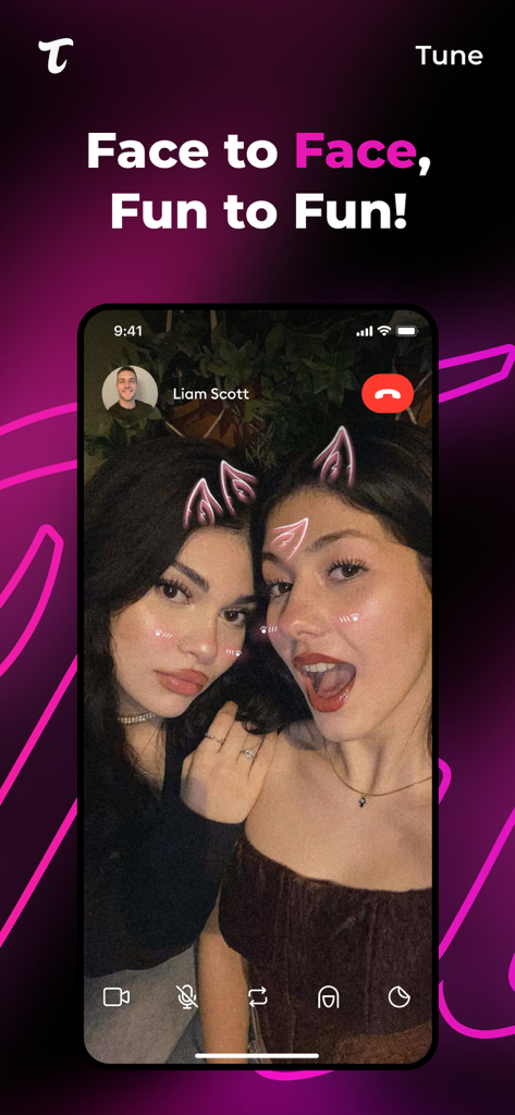 Tune - Livestream & Chat - Tune app video call screen featuring two friends using interactive face filters.
