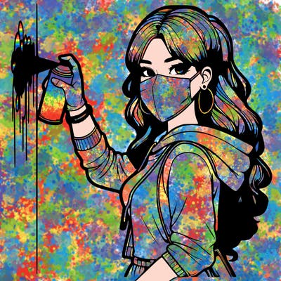 realistic girl with mask spray painting a wall