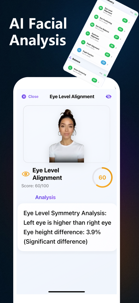 Smartphone screen showing AI facial analysis and eye symmetry alignment scores.