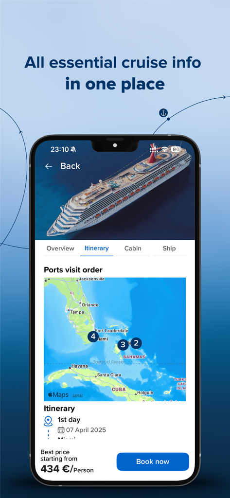 フロリダとバハマの地図が表示されているクルーズ旅程が表示されているChooseCruiseのモバイルアプリのスクリーンショット。