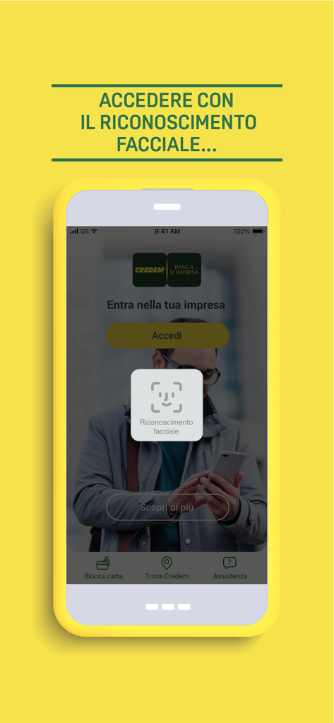 Credem Banca per imprese - Pantalla de inicio de sesión de la aplicación Credem Banca per imprese que muestra la función de seguridad de reconocimiento facial