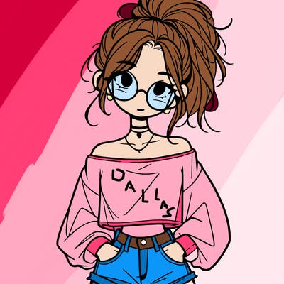 girl with a messy ponytail glasses a baggy crop top and jean shorts