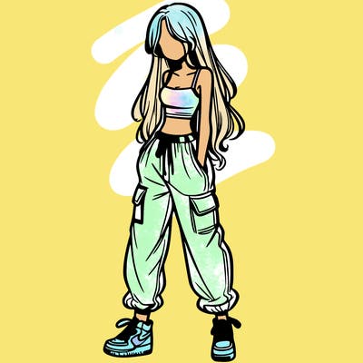 girl in baggy pants crop top and long hair