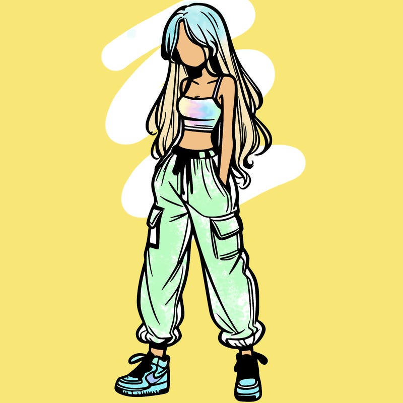 girl in baggy pants crop top and long hair