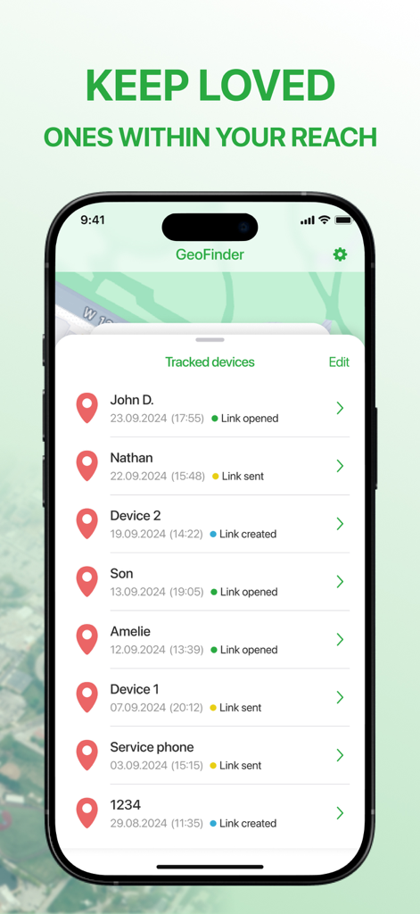 Smartphone screen displaying a list of tracked family members and devices in the Tracker GPS Live app