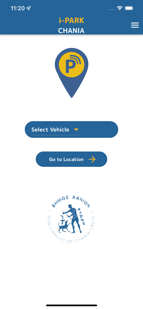 Oberfläche der i-PARK CHANIA App mit Optionen zur Auswahl des Fahrzeugs und zur Navigation zum Parkplatz