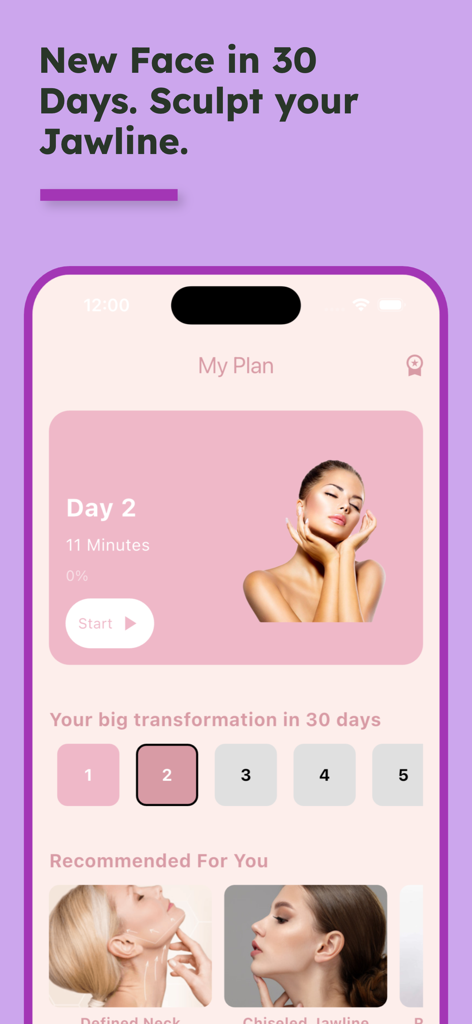 Slim Face - remove double chin - Interfaz de la aplicación Slim Face que muestra un plan personalizado de 30 días para esculpir la mandíbula y ejercicios faciales