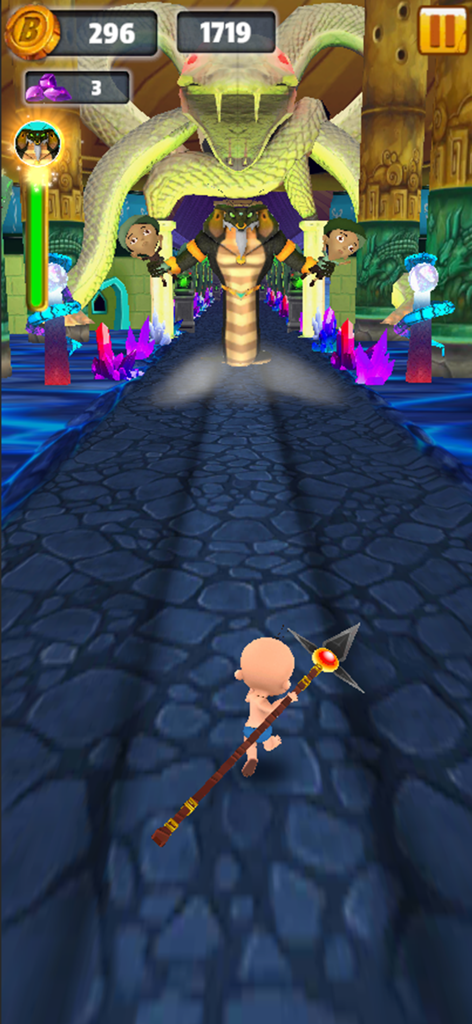 Chhota Bheem: Adventure Run - A character running through a temple with a giant cobra in the background in Chhota Bheem Adventure Run