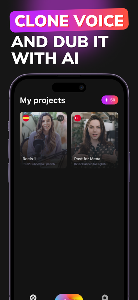Dubbing AI Video Translator - Dubbing AI Video Translator-Oberfläche mit in Spanisch und Englisch synchronisierten Videoprojekten mit Stimmklonung.