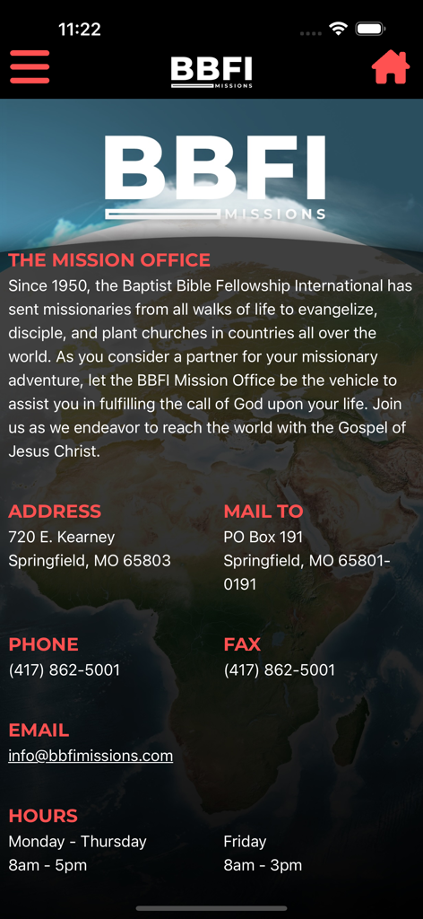 BBFI Missions - Contact information and office hours for the Baptist Bible Fellowship International Mission Office
