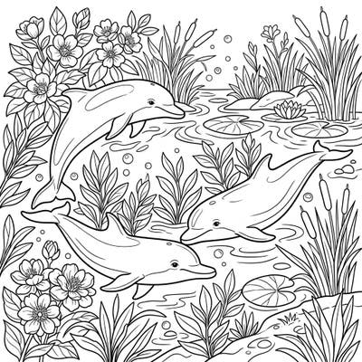 Experience the magic of spring with this delightful coloring page featuring three graceful river dolphins. Immerse yourself in a serene freshwater scene, surrounded by vibrant new life.