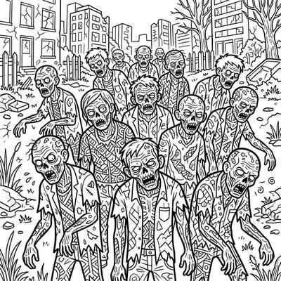 Dive into a thrilling and detailed coloring experience with this intricate illustration of a shambling zombie horde. This adult coloring page offers a captivating scene of the undead, perfect for horror enthusiasts seeking a unique creative outlet.