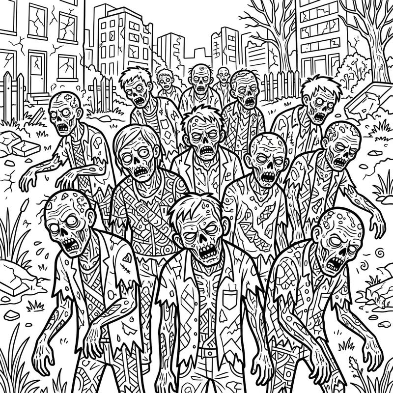 Dive into a thrilling and detailed coloring experience with this intricate illustration of a shambling zombie horde. This adult coloring page offers a captivating scene of the undead, perfect for horror enthusiasts seeking a unique creative outlet.