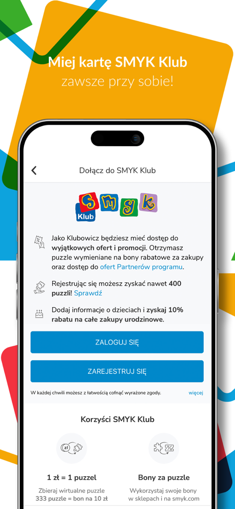 SMYK - Screen showing SMYK Klub loyalty program membership benefits and login options