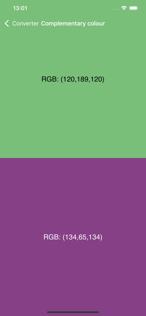 ColorPicker Plus - ColorPicker Plusアプリで、対応するRGB値を持つ補色を示すインターフェース。
