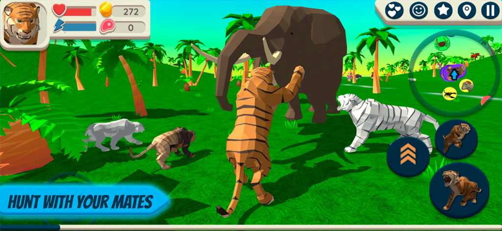 A pack of tigers hunting a large elephant in a tropical island environment