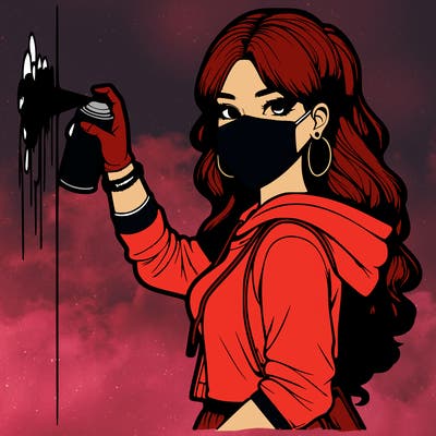 realistic girl with mask spray painting a wall