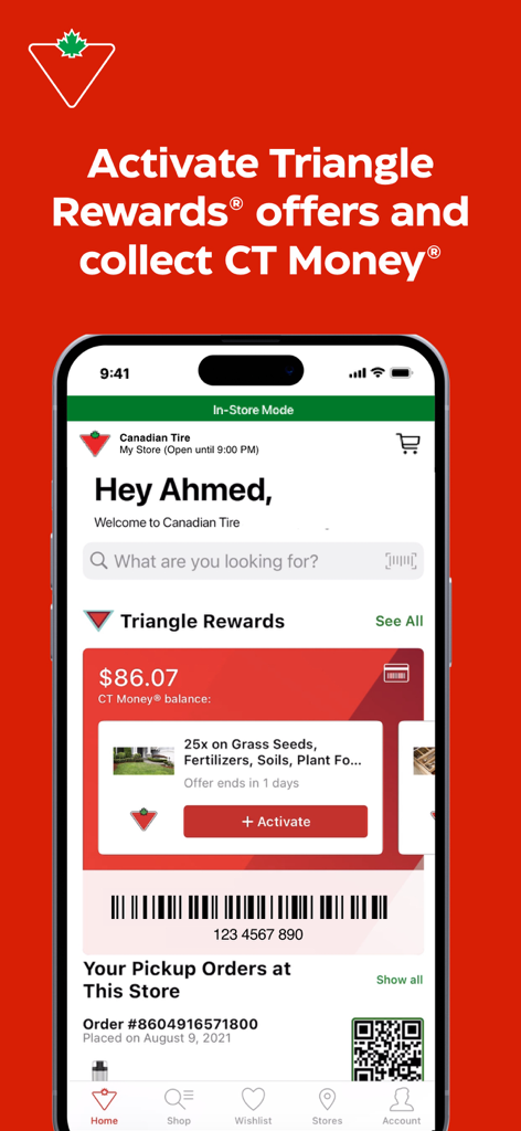 Canadian Tire: Shop Smarter - Interface de l'application Canadian Tire affichant le solde des récompenses Triangle et des offres d'achat personnalisées