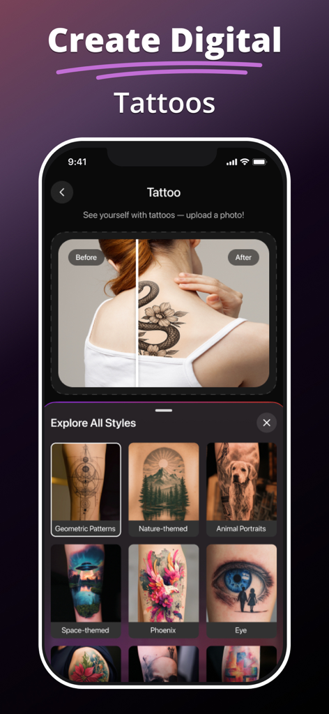 MePic - AI Photo Generator - Interfaz de la aplicación MePic mostrando el creador de tatuajes digitales con IA con una comparación de antes y después y varias opciones de estilo de tatuaje.
