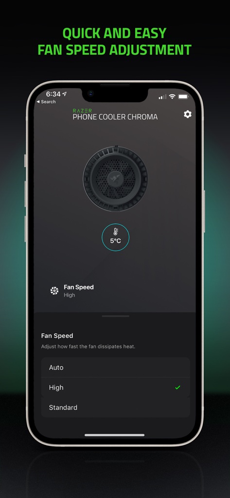 Razer Phone Cooler - Razer Phone Cooler app screen showing fan speed control options with High selected and a temperature reading of 5 degrees Celsius.