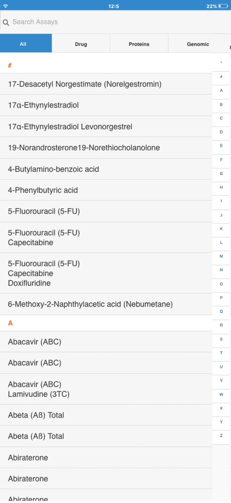 QPS Assay Finder - Lista alfabética de ensayos bioanalíticos en la aplicación móvil QPS Assay Finder, con opción de búsqueda