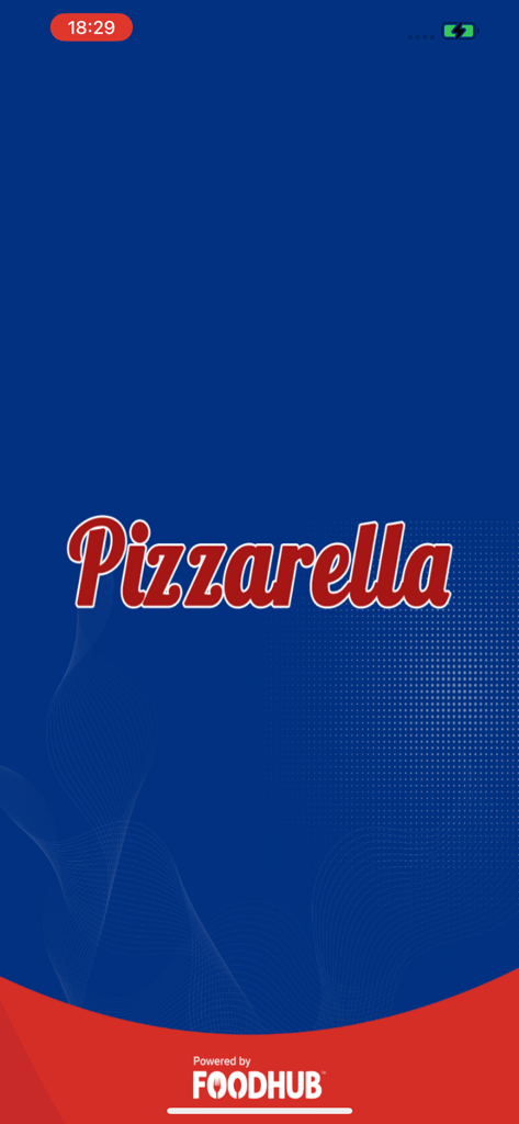 Pizzarella. - Splash screen of the Pizzarella food delivery app featuring the red logo on a blue background