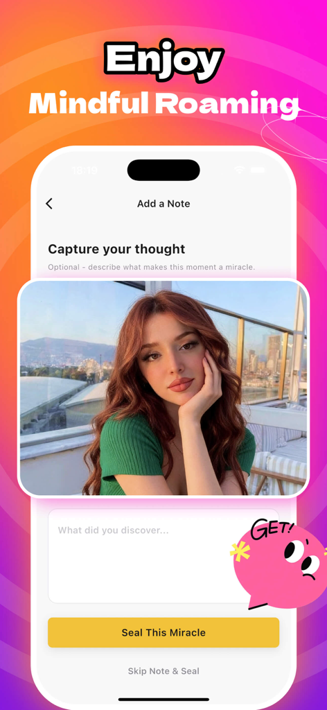 Rove - Capture Joy - A interface do aplicativo Rove mostrando uma tela de captura de foto com uma seção de notas para registrar momentos de atenção plena e um botão para Selar Esta Maravilha
