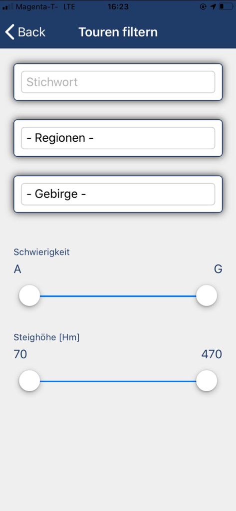 Alpinverlag Touren-App - Interfaz de filtro en la aplicación Alpinverlag para tours de montaña por dificultad y elevación
