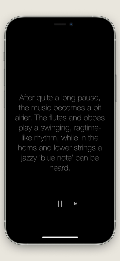 Wolfgang - Wolfgangアプリの暗いモードインターフェイスで、オーケストラ音楽に関するテキスト解説を表示するスマートフォン。
