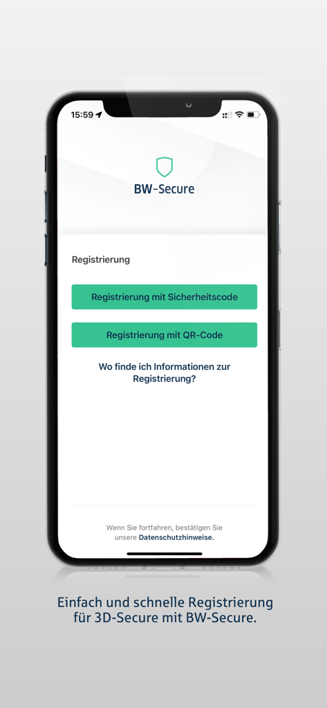 BW-Secure mit 3D-Secure - Registrierungsbildschirm der mobilen BW-Secure-App auf einem Smartphone mit Optionen für Sicherheitscode und QR-Code