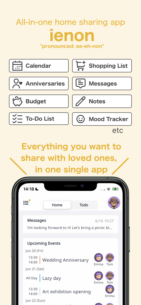 ienon:Family&Couples Organizer - Overview of ienon app features showing shared calendar shopping list and budget tools for families and couples