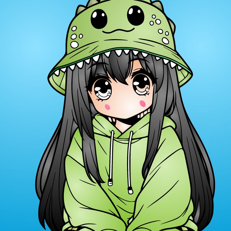 girl with anime shaped eyes with a dinosaur bucket hat oversized sweatshirt long straight hair