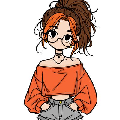 girl with a messy ponytail glasses a baggy crop top and jean shorts
